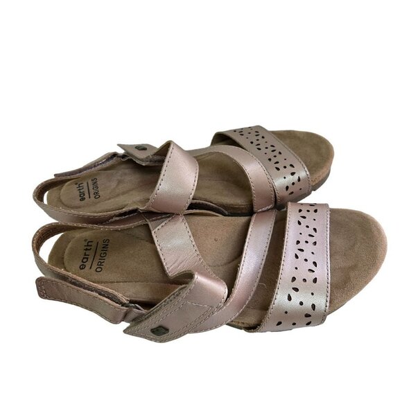 Earth Origins Kendra Khloe Leather Cork Wedge Sandals Rose Gold Size 7M - Picture 2 of 7